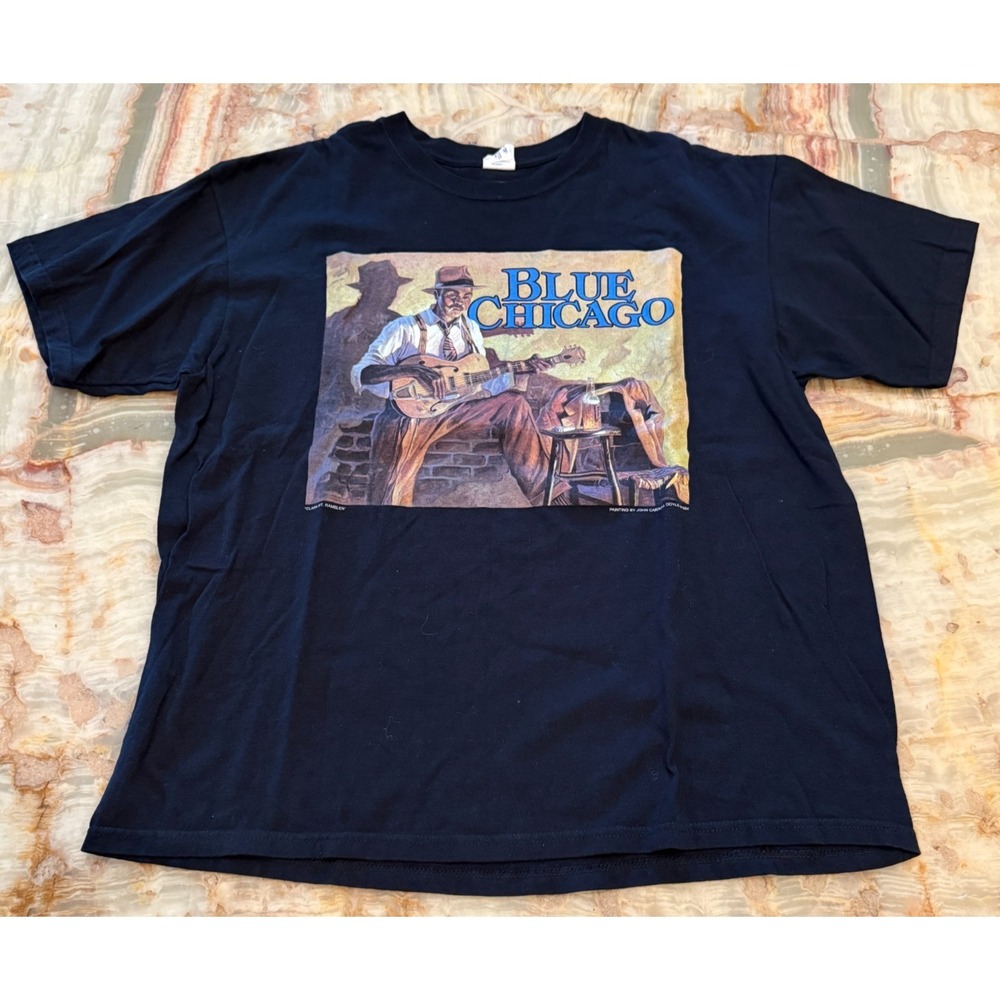 Vintage 90s Anvil Mens T-Shirt Black‎ John Carroll Doyle Blue Chicago Graphic XL